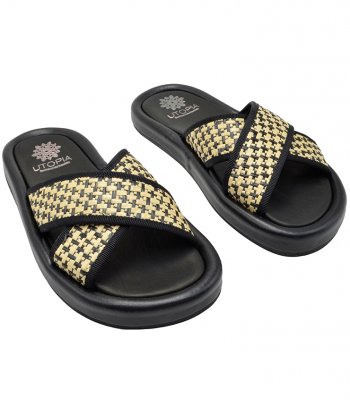 SANDAL U49-008 BLACK RAFFIA & LEATHER 1